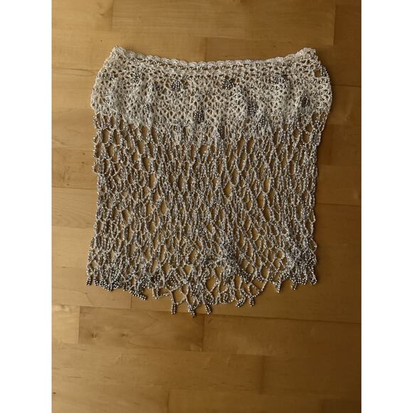 Unbranded Dresses & Skirts - VTG Crochet Sequin Beaded Fringe Mini Skirt Cream White XS